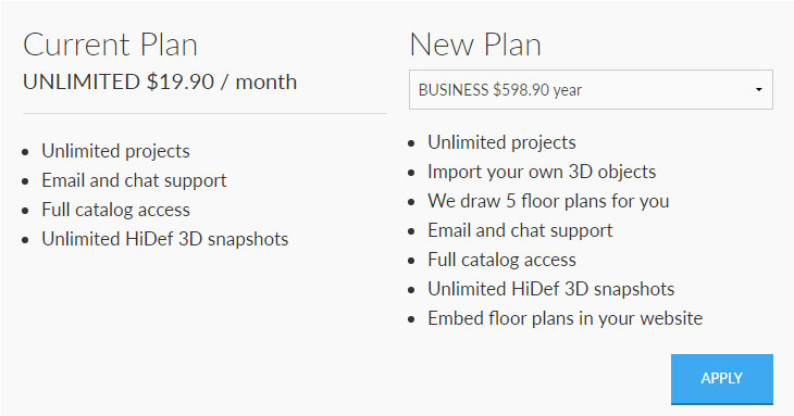 Change plan page showing current plan and new plan