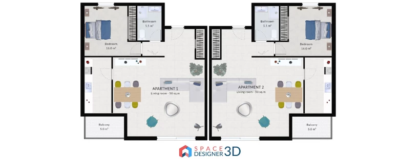 Vue 2D d'un appartement avec Space Designer 3D